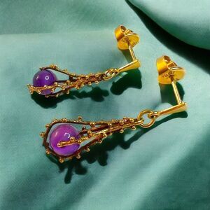 ANTIQUE-14k Gold- Amethyst Earrings -Dangle- Gold Coral Reef -Brutalist Mermaid